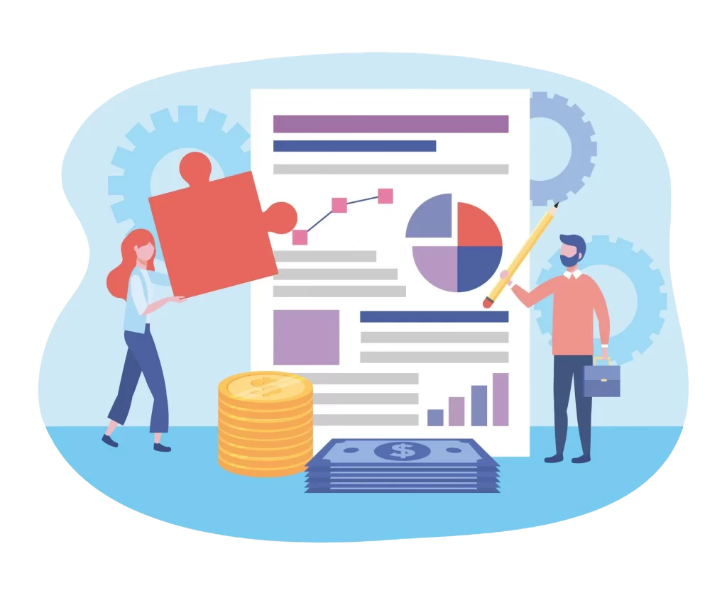 business-woman-business-man-with-diagram-document-puzzle