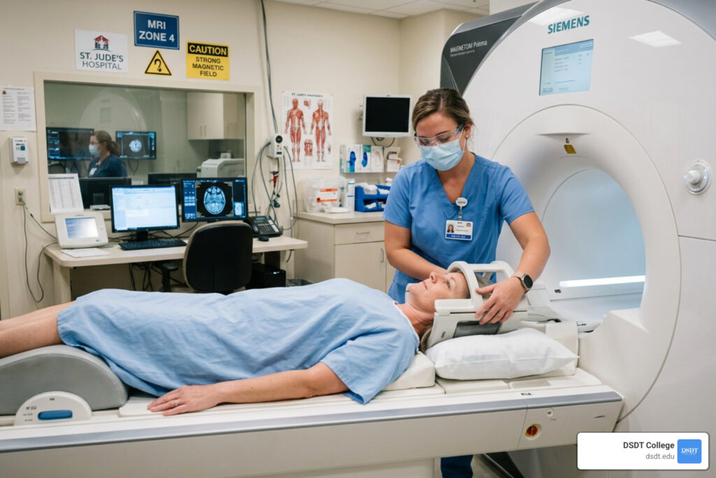 MRI technologist preparing patient for scan - MRI tech certification requirements