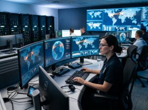 cybersecurity professional monitoring global network - cybersecurity degree, AI and IT degree programs and hands on labs