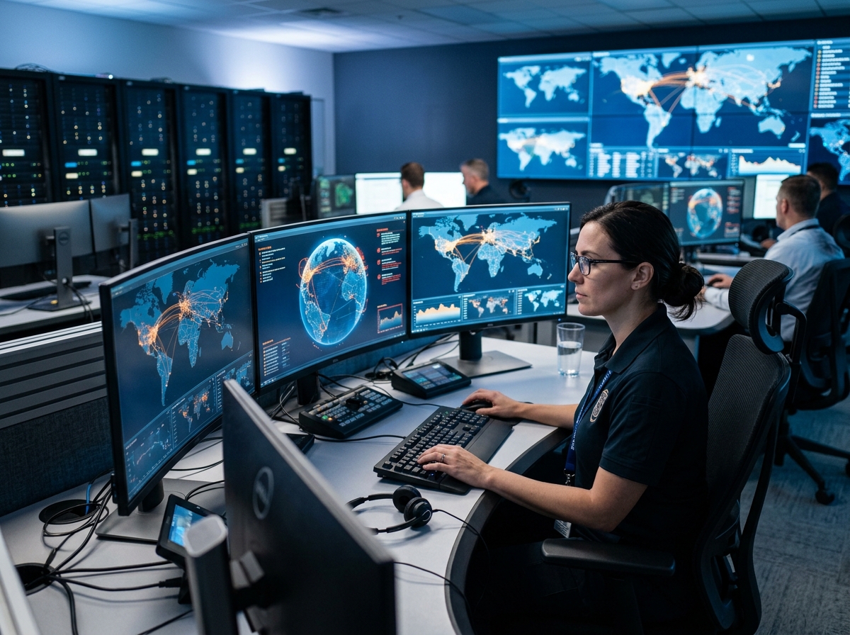 cybersecurity professional monitoring global network - cybersecurity degree, AI and IT degree programs and hands on labs