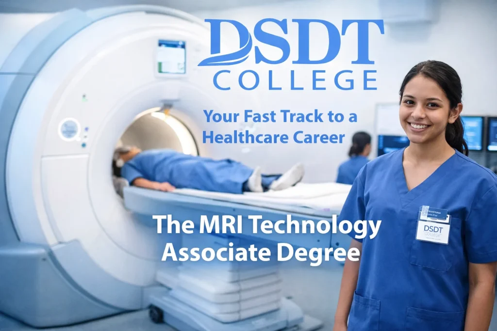 A smiling student in blue scrubs stands beside an MRI machine with a patient inside. Text reads: "DSDT College, Your Fast Track to a Healthcare Career, The MRI Technology Associate Degree."
