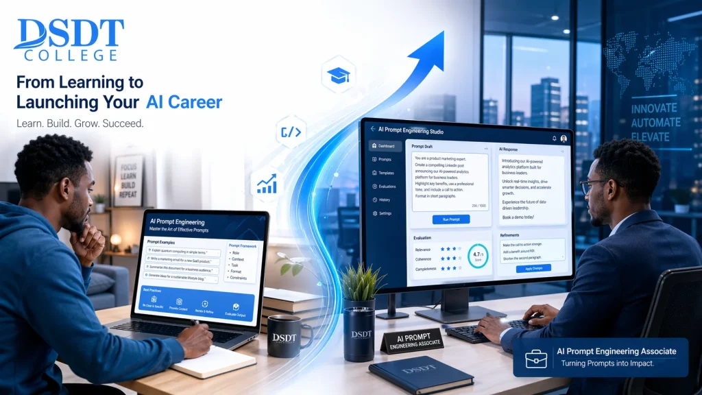 Two people work on laptops and a large screen displaying AI prompt engineering software in a modern office. Text promotes DSDT College's AI career program.