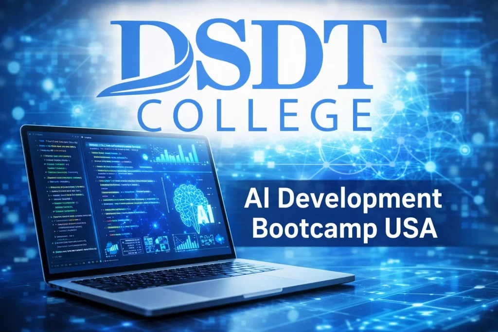 Laptop with code and AI graphics on screen, set against a digital network background. Text reads "DSDT College AI Development Bootcamp USA."