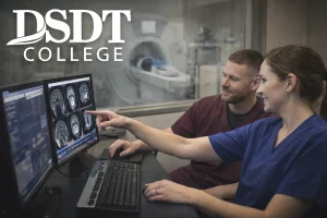 Two medical professionals in scrubs examine brain scans on monitors in a lab setting. "DSDT College" text appears in the top left corner.