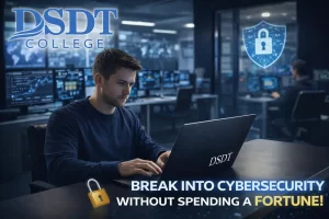 A young man concentrates on a laptop in a dark room filled with multiple monitors displaying data. A digital padlock icon suggests cybersecurity.
