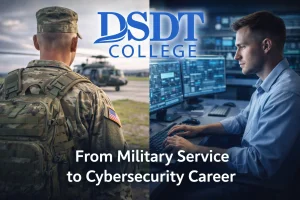 A split image showing a soldier on the left and a man working at a computer on the right, with text reading "From Military Service to Cybersecurity Career" and the DSDT College logo above.