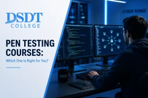 A person in a dark room sits at a desk with two computer screens showing code and a network diagram. Text reads: "DSDT College Pen Testing Courses."