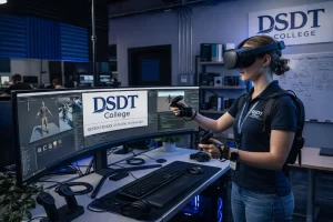 A person wearing VR gear interacts with 3D software on a large monitor at DSDT College. The setting is a modern digital tech lab, conveying innovation.