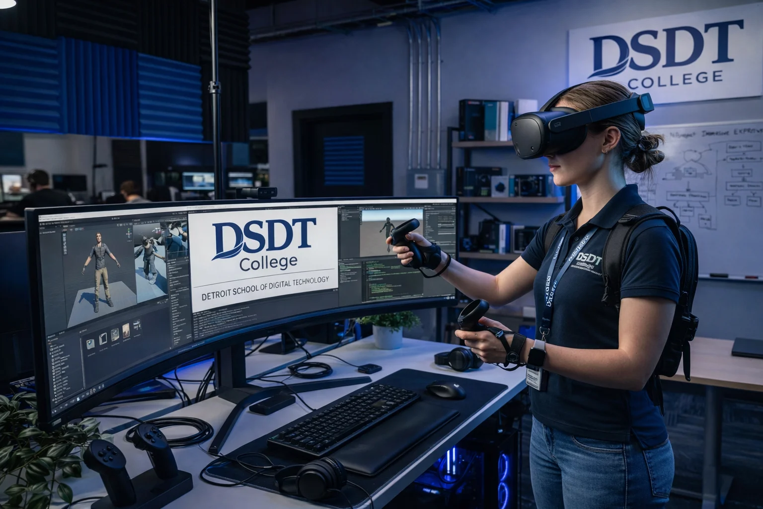 A person wearing VR gear interacts with 3D software on a large monitor at DSDT College. The setting is a modern digital tech lab, conveying innovation.
