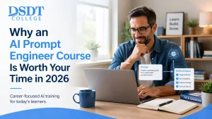 A man in glasses smiling at a laptop, surrounded by a notebook and coffee, with a "Prompt Engineer Course" ad beside him. Tone: optimistic, focused.