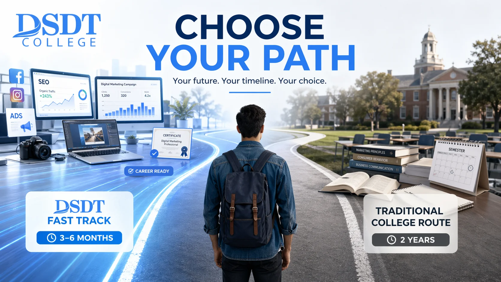 A student stands facing a split pathway. On the left, tech gear and "DSDT Fast Track" signs suggest a quick career path. On the right, books and "Traditional College Route,