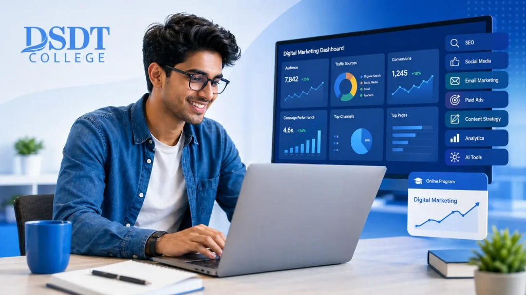 A smiling young man works on a laptop, with a digital marketing dashboard showing charts and graphs on the screen. "DSDT College" is visible on the wall.