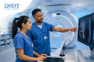 Two medical professionals in blue scrubs examine a brain scan on a monitor. An MRI machine is in the background, suggesting a clinical setting.