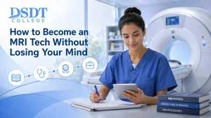 A woman in blue scrubs, sitting in front of an MRI machine, writes on a tablet. Text reads "How to Become an MRI Tech Without Losing Your Mind." The setting is calm and professional.